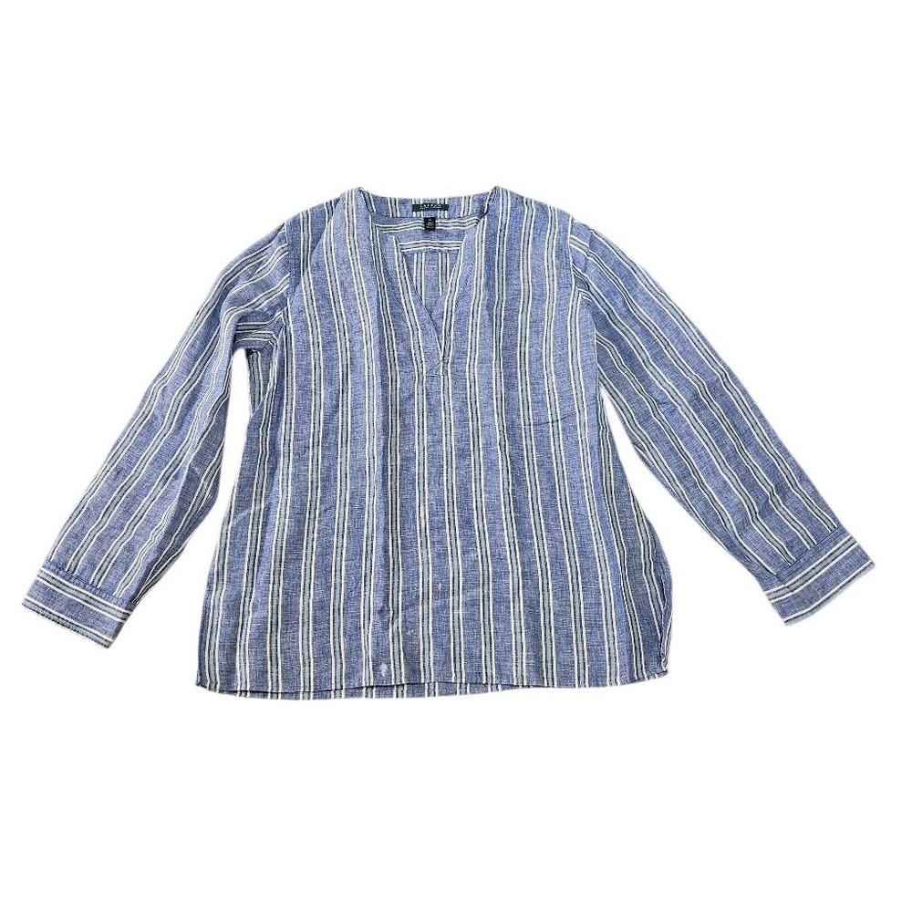 Lauren Ralph Lauren Tunic Top Women XL Blue Striped 100% Linen Coastal Shirt